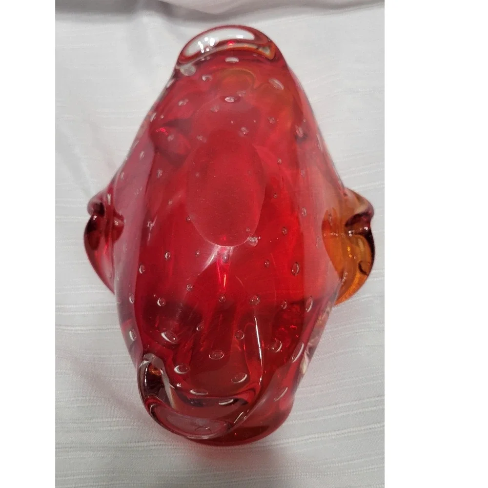 Vintage Murano Style Red Amber Art Glass Controlled Bubble Bowl Ashtray MCM